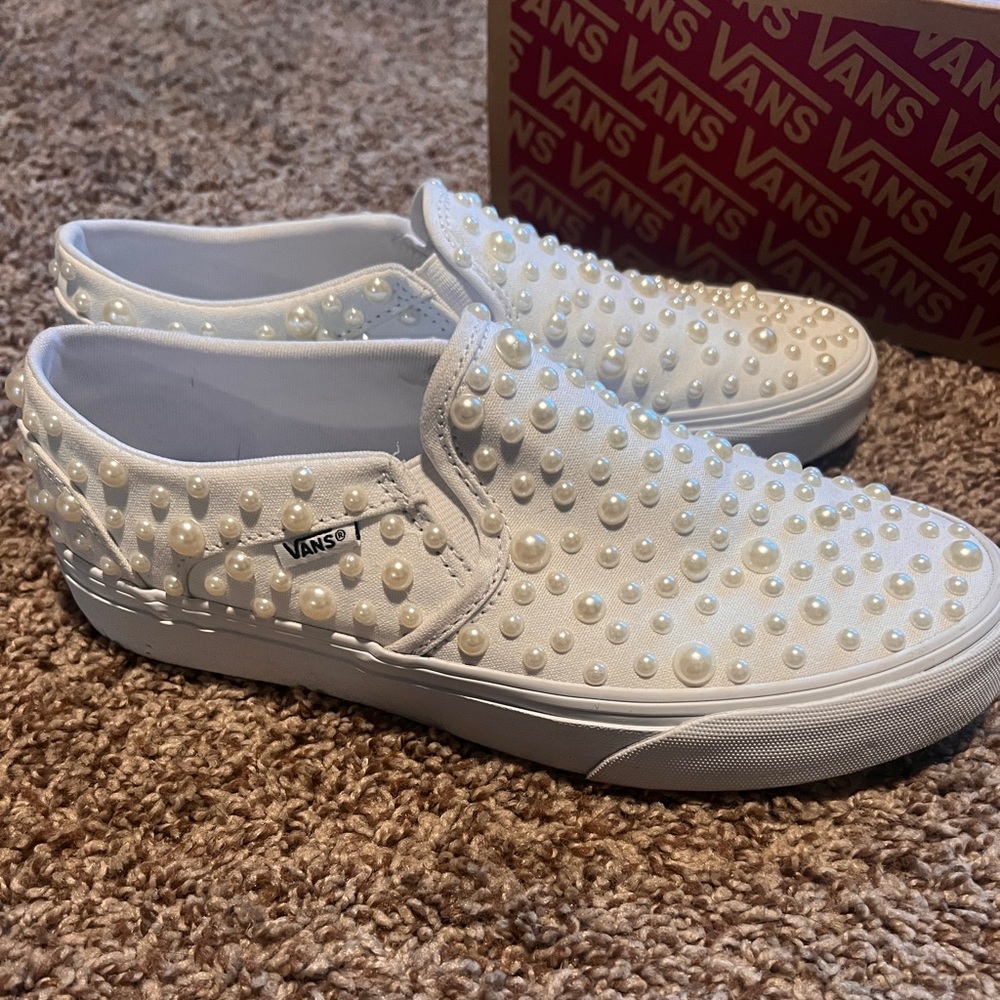 LIKE NEW White Pearled Bridal Vans - Handmade/Worn Once